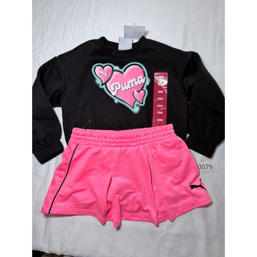 Puma Toddler Girls 2 Piece Sweatshirt and Shorts Set Black Pink Hearts 18M NWT